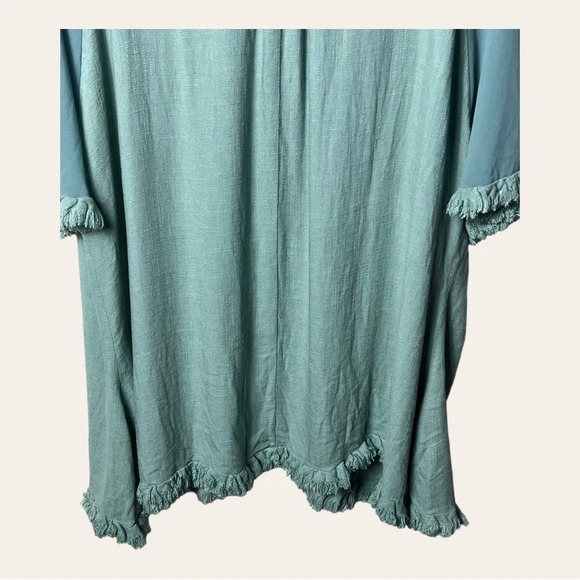 1182. Umgee LINEN BLEND KIMONO SHORT SLEEVES FRAY HEMS SIZE SMALL/MEDIUM GREEN - Picture 13 of 13